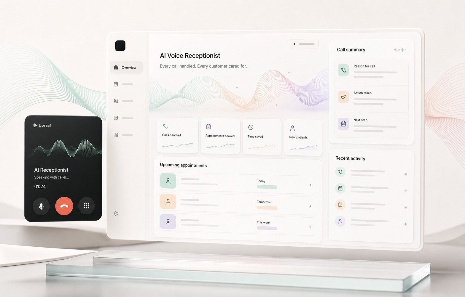 Abstract Clanassist call dashboard with waveform, booking, and call summary panels